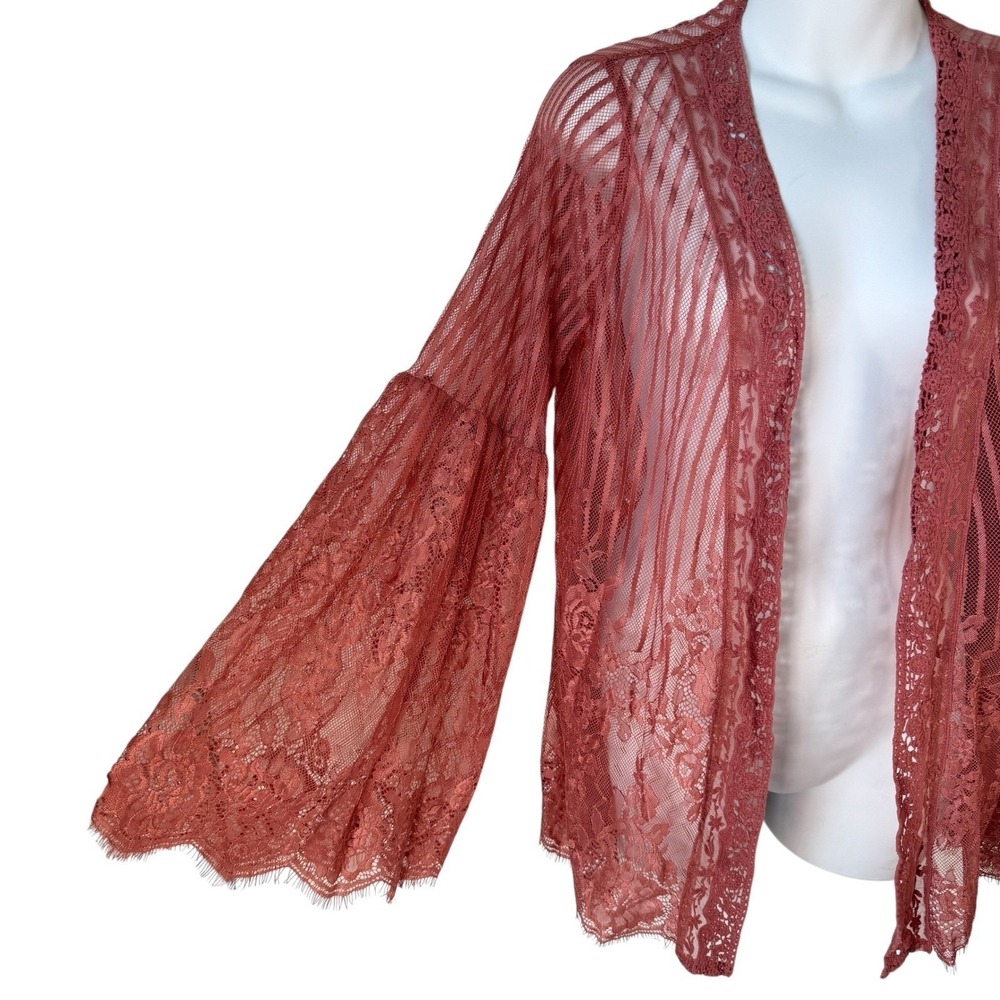 Women Sheer Lace Kimono Cardigan XS Rose Gold  Bell Sleeve Open Front Fairy Boho